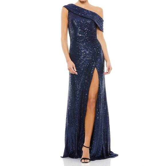 NEW MAC DUGGAL sequined drop shoulder gown in navy